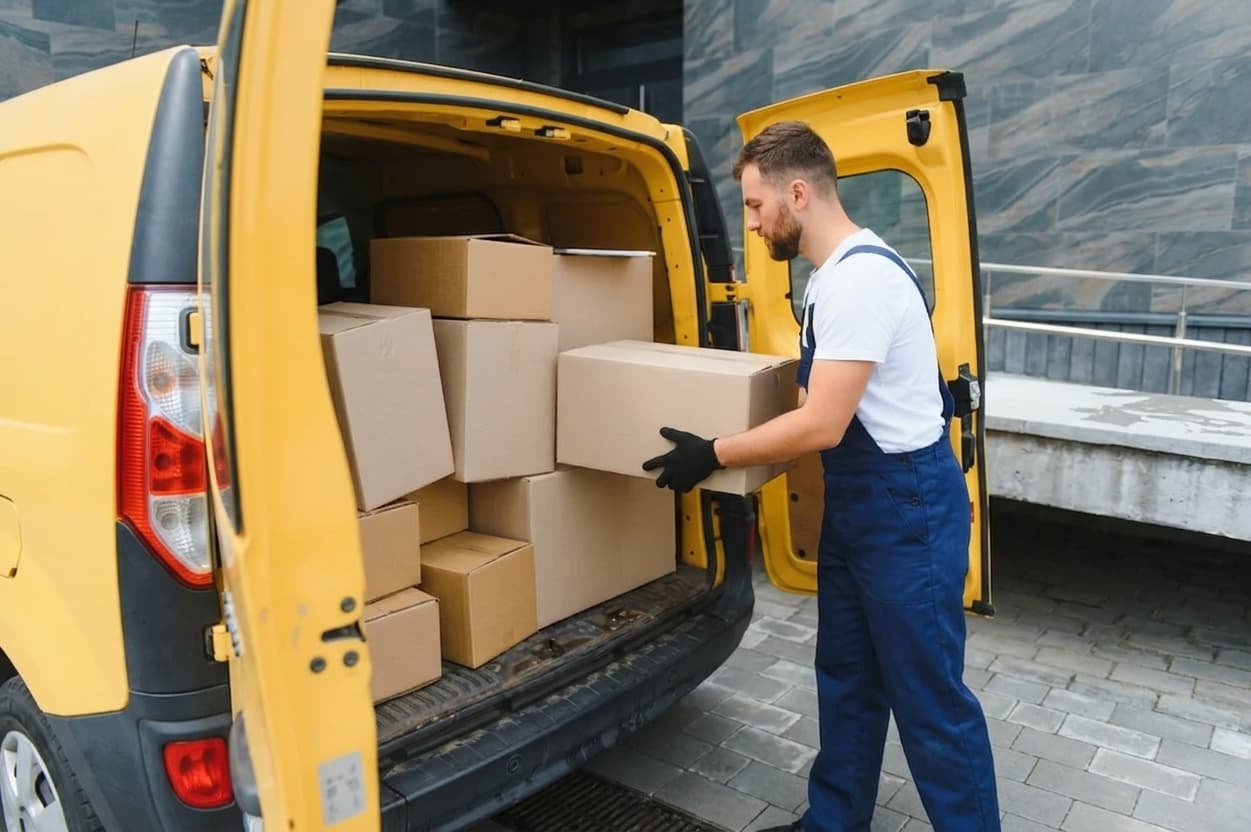 Mitarbeiter lädt Umzugskartons in den Laderaum eines Transporters.